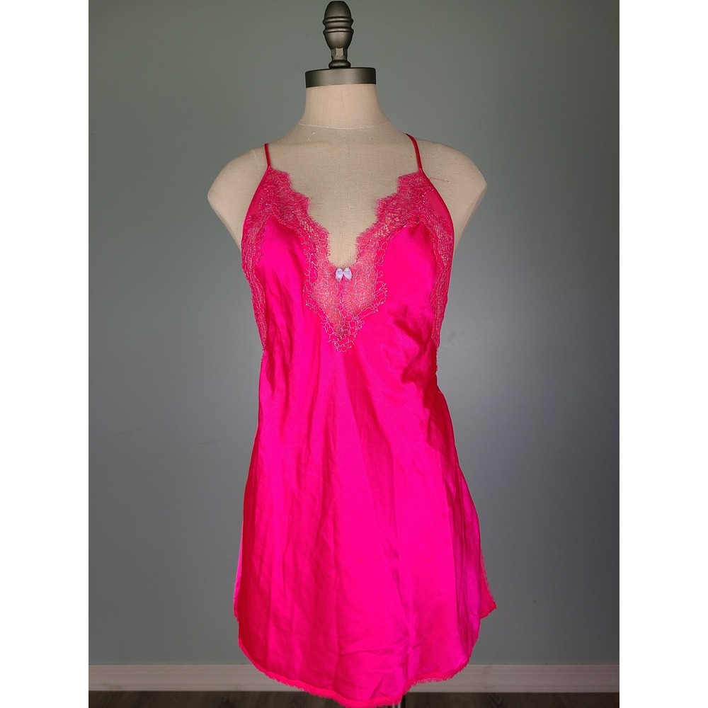 Victoria's Secret Sz S Mini Slip Dress Hot Neon Pink Lacy Backless Y2K Bimbocore